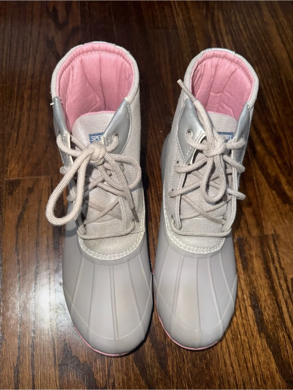 Sperry Light Gray Winter Duck Boots with Pink Lining